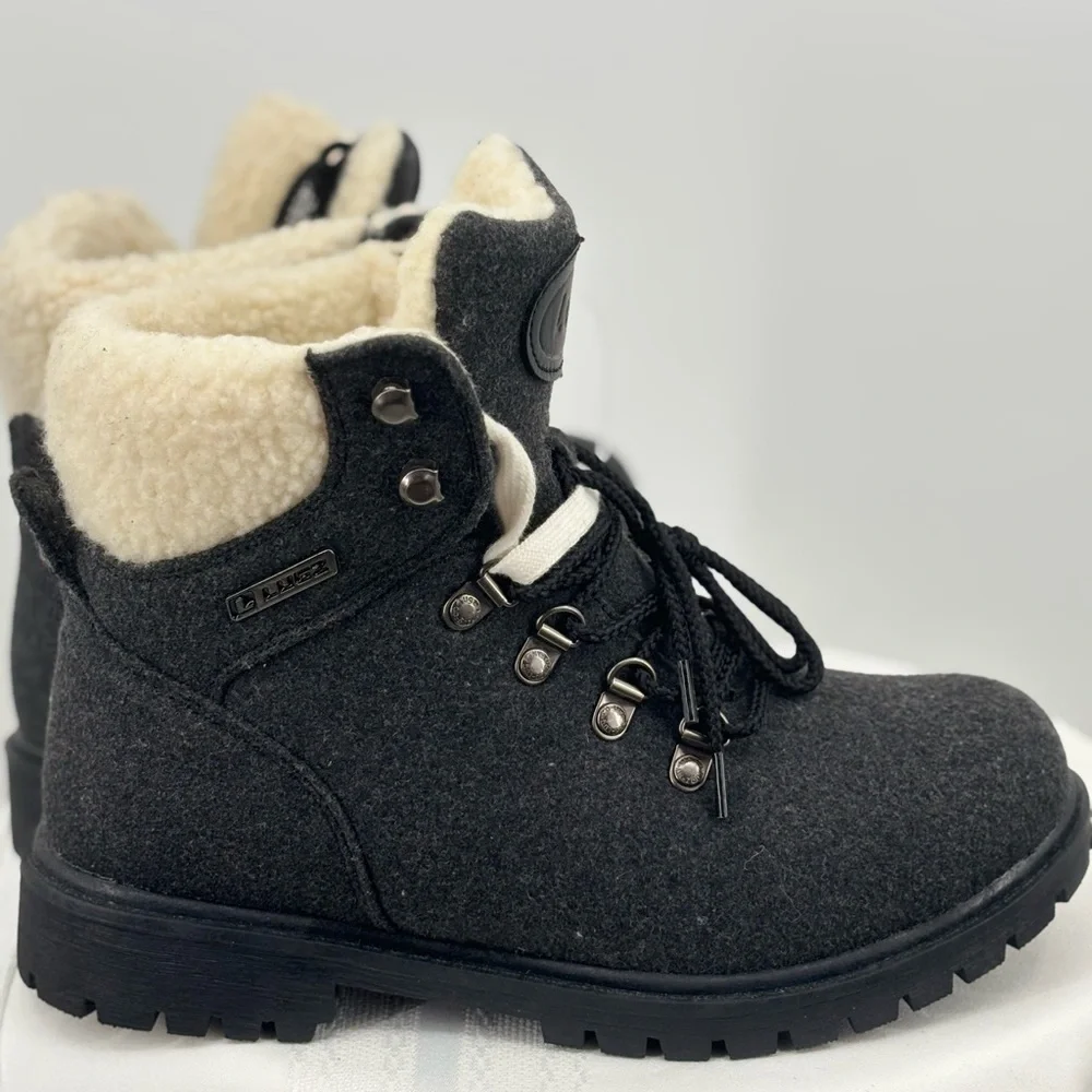 Lugz Women's Charcoal Wool Lace-Up Winter Boots with Cream Shearling Collar